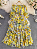 Vintage Floral Ruffle Chiffon Long Dress Women Sexy Slash Neck Off Shoulder Flare Sleeve High Waist A-Line Beach