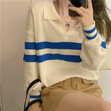 Style Striped Women's Sweater Korean Fashion Polo Collar Loose Long Sleeve Top Y2k Clothes Sweater Women Autumn