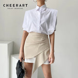 Designer White Button Up Collared Shirt For Women Short Sleeve Korean Fashion Ladies Top And Blouses Summer