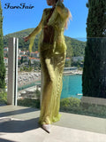 Summer Y2K Print Mesh Long Sleeve Top Shirts And Maxi Skirt Set Bodycon Sexy Beach Party Outfits Women Two Piece