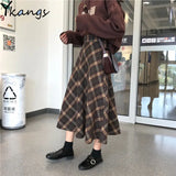 Autumn Winter Wool Women Midi Pleated skirt High Waist Plaid Female Saias Korean Ulzzang Streetwear Elegant Long