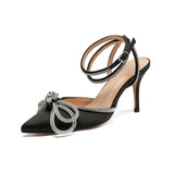 Summer New Fashion Rhinestone Fine Heel Sandals Women Cute Pointed Crystal Fairy Wind Pink Bow Tie Diamond High