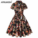 Cotton Retro Vintage Women Dress 50s 60s Short Sleeve Red Floral Print Rockabilly Jurken Large Swing Vestidos Robe