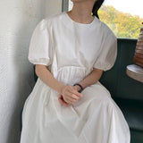 Zingj Chic Summer Elegant Contracted Round Collar Loose Versatile Bubble Sleeve Pressure Fold Closed Waist Design Long Dress-Outfit