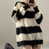 Basic Striped Sweater Women Vintage Hole Jumpers Knit Y2k Oversize Autumn Winter Thin Pullover Female Harajuku