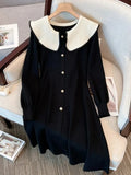 Winter Warm Thick Knit Dress Office Ladies Elegant French Vintage Peter Pan Collar Long Sleeve Knitting Dresses Korean