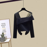 Women Sets Mesh Patchwork Slash Neck Tops + Asymmetric Skirt 2 Piece Suit Female Party Suits Elegant Casual Two Piece