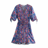Queens Women Floral Print Lace-up Beach Bohemian Mini Sundress Ladies Front Button Neck Summer Boho Dress