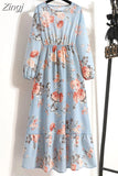 Print Long Dress Women Lantern Long Sleeve High Waist Elegant Party Dress Ladies Casual Spring Summer Beach Maxi