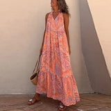 Women's V-neck Hollow Strap Backless Beach Dress Casual High Waist Pleated Boho Dresses 2023 Elegant Printed Long Dress