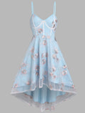 Strap Flower Embroidered High Low Mesh Dress Fairy Chic Gentle Dress Sweet Daisy Printed Long Floral Dress