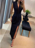 Zingj 2023 New Sexy V-Neck Fashion Bundle Waist Pleated Temperament Dress-Outfit
