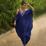 Sexy Cold Shoulder V Neck Bats Sleeve Loose Summer Beach Dress Plus Size Women Beachwear Kaftan Black Dress