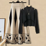 Warm Knitwears Two Piece Set For Women Outfit Korean Off The Shoulder Knitted Sweater+high Waist Patchwork Skirt Set