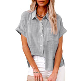 Summer New Women's Solid Color Linen Shirt Short Sleeve Casual Loose