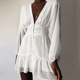 Queens Women Lace White Deep V-neck Bohemian Dress Long Sleeve botton Sexy Beach Boho Mini