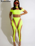 Sexy Neon Green Mesh Patchwork Jumpsuits Women New Long Sleeve Sheer Skinny Rompers Night