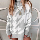 2020 Woman Sweaters Lapel Houndstooth Oversize Vintage Pullover Women Dropped Sleeve Winter Pull Femme Chic Tops