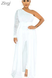Women Fashion Elegant Casual One Shoulder Plain Sheer Mesh Jumpsuit Long Sleeve Chic Mesh Solid Elegance