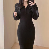 and Winter Retro Korean Version of Long-sleeved Knitted Dress Women's Zipper Lapel Elegant Warm Mid-length Jumpsuit