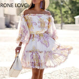 Women Long Sleeves Print Off Shoulder Ruffles Dress Elegant Fashion Chic Party