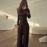 Summer New Women's Round Neck Solid Color Wide Leg Pants Temperament Commut Fashion