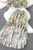 Bohemian Floral Printed Sets Women Sexy Slash Neck Short Tops + High Waist Ruffle Irregular Skirt Suit Female New