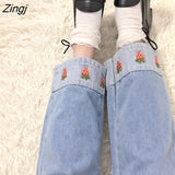 Women Strawberry Embroidery Kawaii Pockets Ankle-length Elastic Waist Girls Denim Simple All-match Korean Style