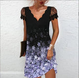 Sexy Elegant Fashion Party Dresses Women V-neck Floral Print Short Sleeve Lace Mini Dress Oversized Vestido Feminino