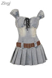 Women Denim Mini Dress Vintage Elegant Pleated Short Dresses Hot Sexy Y2k Party Club Off Shoulder Lace Up Vestidos Summer
