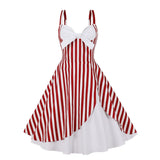 Style 50s Pinup Dress Women Vintage Cocktail Patchwork Red Striped Printed Spaghetti Straps 1950s Rockabilly Party