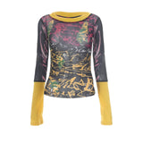 Women's Summer Y2K Vintage Sheer See-through Slim Tops Long Sleeve Round Neck Pattern Print Mesh Patchwork
