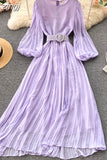 Vintage Yellow/Purple/Blue Polka Dot Chiffon Long Dress Women Elegant O-Neck Puff Sleeve Pleated Party Robe Female