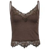 Patchwork Lace Brown Crop Top Summer V Neck Sexy Sleeveless Cami Tops Tees 90s Backless Spaghetti Strap Top