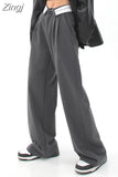 Baggy Grey Suit Pants Vintage Patchwork Low Rise Straight Casual Pants Korean Fashion Women Capris Jogging