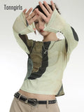 Y2k Harajuku T Shirt Women Tie Dye Vintage Tops Long Sleeve Grunge Aesthetic Tops 90s' America Retro Tshirts