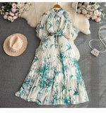 Style Retro Temperament Short-Sleeved Clapping Single-Dran A-Word Print 100-Fold Shirt Dress