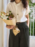 Linen-Based Lilies Design Feel Small Gentle And Comfortable Temperament Asymmetric Collar Short-Sleeved Shirt
