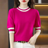Round Collar Half-Sleeve Tight Cover Sweater Five-Point Sleeve Top Female Knitting Bottom Flying Sleeve Half-High
