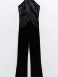 Tassel Halter Sequin Sleeveless Jumpsuit Women Off Shoulder Backless Long Jumpsuits 2023 Elegant Lady Party