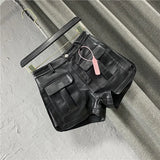 2022 Spring New Arrival High Waist Cargo Short Pants Loose Pockets Wide Peg Pu Shorts Casual Women