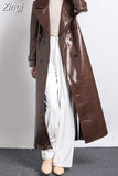 Spring Autumn Long Shiny Reflective Crocodile Print Patent Pu Leather Trench Coat for Women Runway European