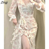 Fairy Vintage Dress Women Casual Korean Style Beach Floral Party Midi Dress Female Print Sweet Lace Sexy Y2k Split