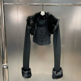 2022 Autumn Single Breasted Buttons Vest Tank Top Faux Fur Collar Crop Coat Black Two Piece Set Cardigans Women