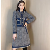 Women Spring Autumn Denim Patchwork Tweed Jacket + High Waist Mini Skirt Set Suit Ladies Slim 2 Piece Set Outfits Matching