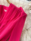 Vintage Rose Red Pleated Party Long Dress Elegant Deep V-Neck High Waist A-Line Draped Maxi Vestiods Female New