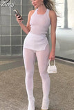 Women Two Pieces Sets Knitting Solid Sleeveless Split Tops+High Waist Pants Thin Summer Sporty Suit Casual