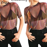 Women Ladies Solid See-Through Vintage Shiny Tops Short Sleeve Summer T-Shirt Casual