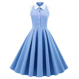 Vintage Shirt Women Flare Dresses Turn Down Collar Blue Solid Robe De Cocktail Pinup Swing Sundress 50s Rockabilly