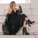 Onlymaker Women Ankle Boots Pointed Toe Black Matte Flock12CM Chunky Heel Platform Booties Party Shoes Large Size Short